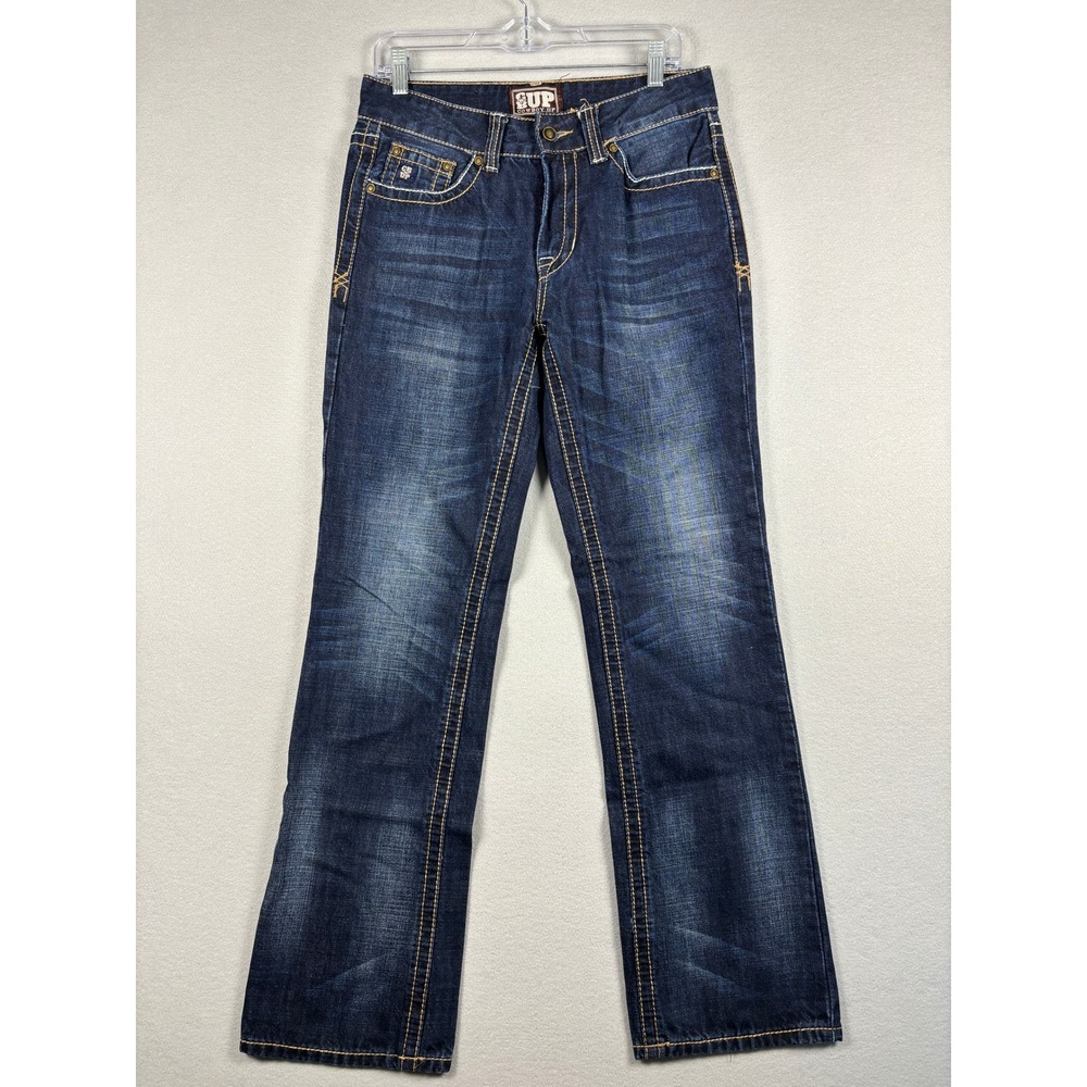 Cowboy Up Bootcut Jeans Western Thick Stitch Embroidered 29x32 Dark Blue